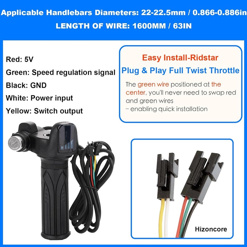 Hizoncore Ebike Full Twist Throttle Fits Ridstar Q20, 48V Plug and Play Throttle 3 Pin Easy Installation, LCD Display with Key Lock, Throttle Grips for Ebike Motorcycle Scooter (Right) - Image 2
